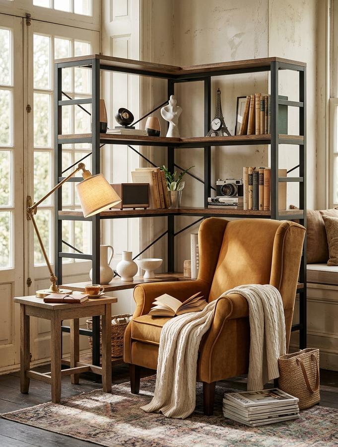 NUMENN Corner Bookshelf in reading nook